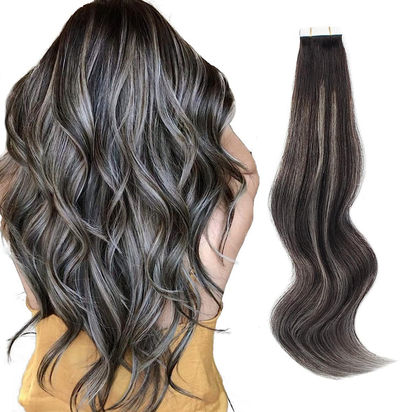 Tape In Hair Extension Rooted Highlights 1BT1B/silver | AmazingBeautyHair