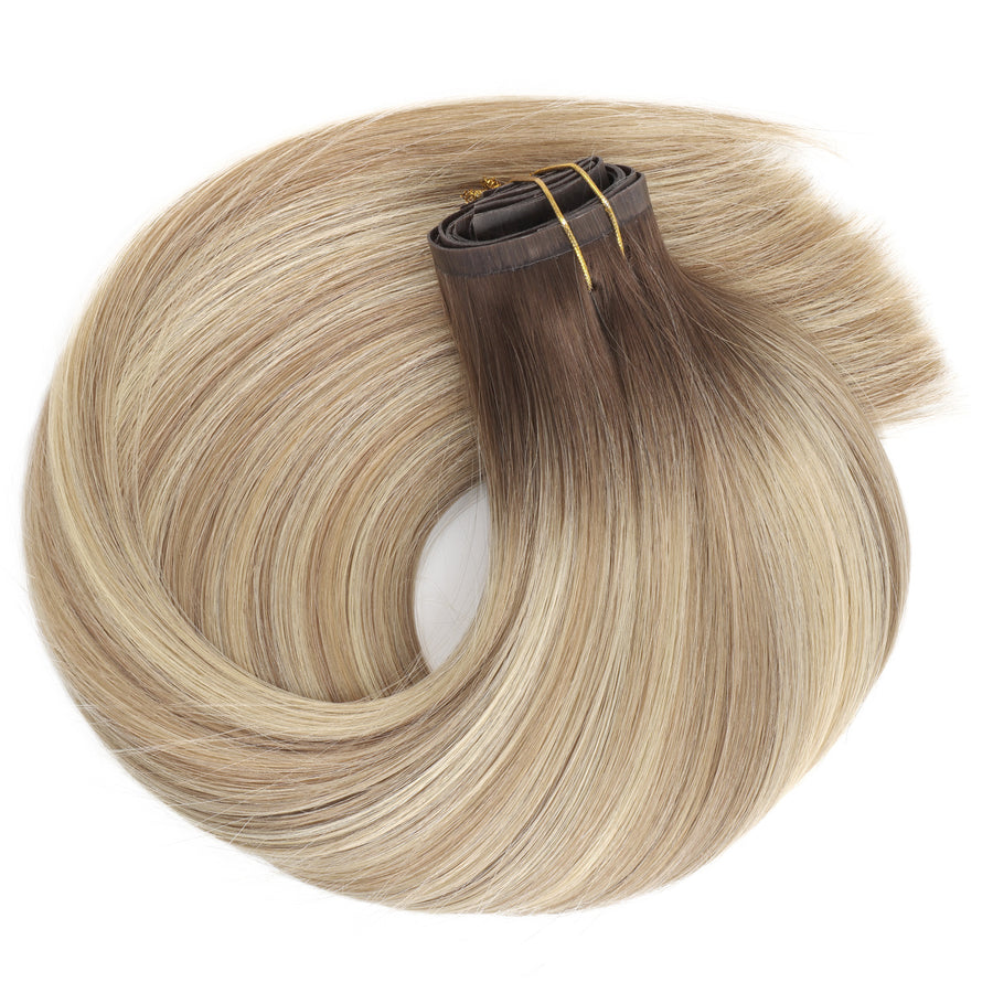 Seamless PU Clip in Extensions Virgin Hair Rooted Highlights R3-P8/613#