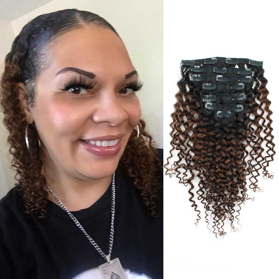 Clip in Hair Extension Jerry Curl Ombre Natural Black to Chocolate Brown