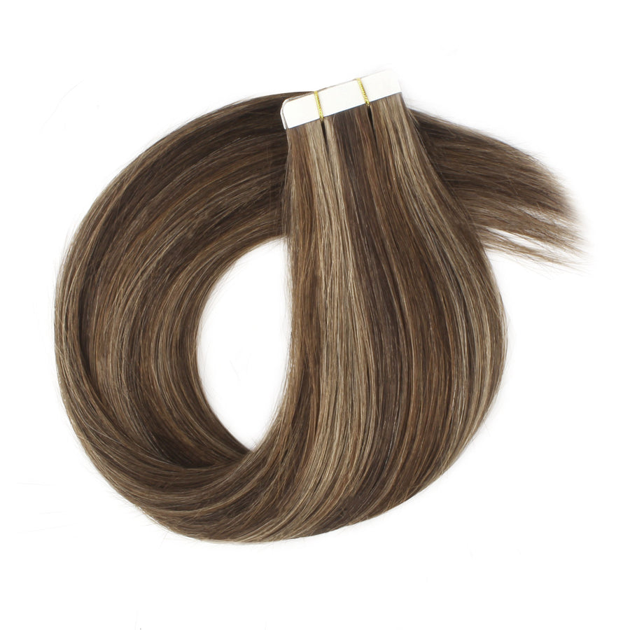 Tape In Hair Extension P #2/#4/#6 Dark Brown Highlights Chestnut Brown 14&16 Inch