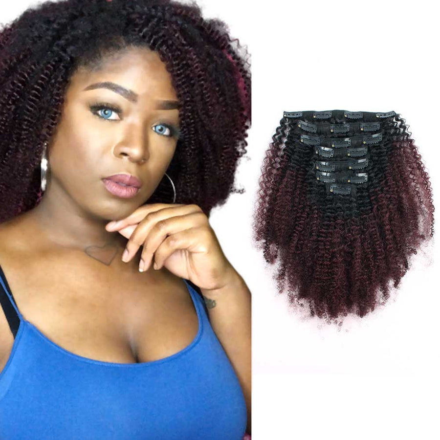 Clip in Hair Extension Afro Kinky Curly Ombre Natural Black to Dark Wine