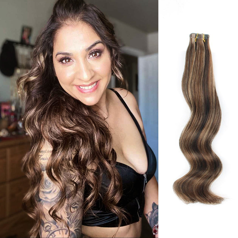 Tape In Hair Extension P #2/#4/#6 Dark Brown Highlights Chestnut Brown